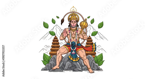 Detailed illustration of Hanuman, a Hindu deity, standing powerfully on a rocky outcrop during the Hanuman Jayanti Festival, set against a background of temples and mountains with a vibrant