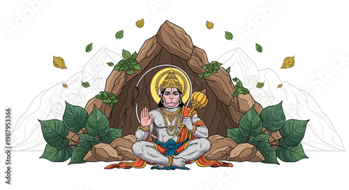 Illustrative depiction of Lord Hanuman during the Hanuman Jayanti Festival, seated in a meditative pose against a backdrop of mountains and a cave entrance, rendered in a vibrant