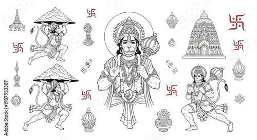 Detailed line art showcases Hanuman, the revered Hindu god, surrounded by symbols and architectural elements associated with the Hanuman Jayanti Festival, set against a stark white