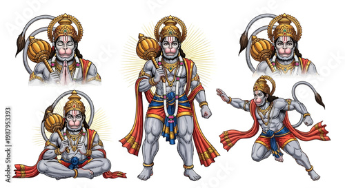 Isolated digital illustration featuring five depictions of Hanuman, the Hindu god, in various poses and expressions, rendered in a vibrant color palette against a clean white background