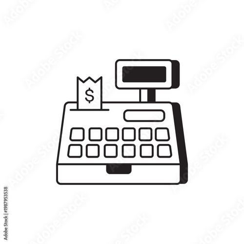 Cash register icon representing online checkout, monochrome of keypad and receipt emphasizing seamless digital payment, contactlessready design for ecommerce brands and pointofsale interfaces