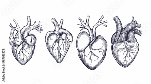 Line art illustration of human hearts. The image shows four hand-drawn anatomical hearts