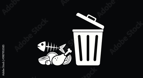 A stark white illustration depicts discarded food waste including fish bones and chicken in a trash bin