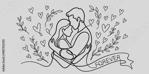 A couple embracing surrounded by hearts and vines, with a ribbon reading "FOREVER" in a minimalist style.