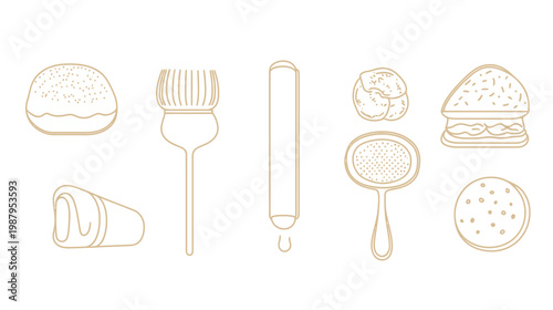 Collection of various sketched food items and culinary tools. All are drawn with clean lines on white