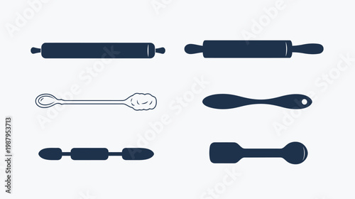 Silhouettes of kitchen utensils against a white background, featuring rolling pins and various tools