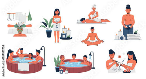 Spa relaxation and wellness, people enjoying hot tubs, massage, facials, and manicures.