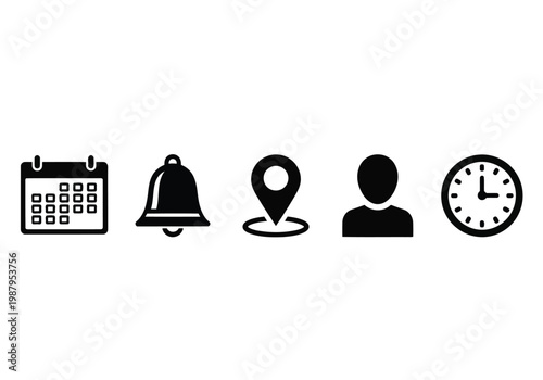 Five icons representing common notification and reminder symbols