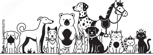 Diverse Cartoon Animals Lined Up Together