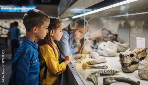 Children observing fossils and skulls in a museum exhibit.