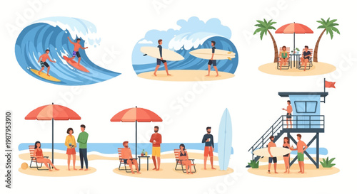 Summer Beach Scene with Surfers, Sunbathers, and Lifeguard Tower