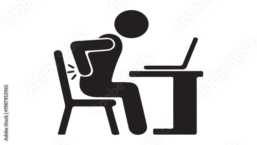 Man suffering from lower back pain while working on a laptop at his desk, ergonomics and occupational health concept icon.
