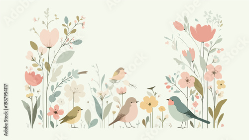 Pastel Birds Among Blooming Flowers