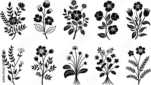 Collection of ten black silhouette illustrations of wildflowers and plants with silhouette wildflower botanical decorative illustration