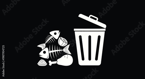 A stark white illustration depicts fish bones a chicken leg and a shell beside an open trash can
