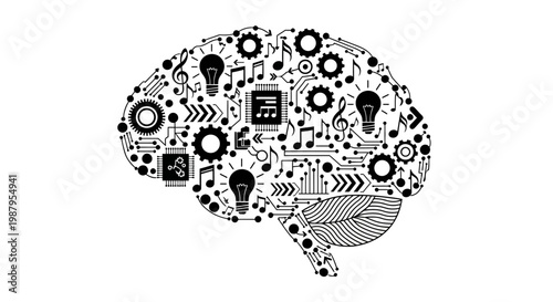 Brain Illustration: A creative, stylized illustration of a brain composed of various symbols representing ideas, music, and gears, emphasizing thought processes and innovation.