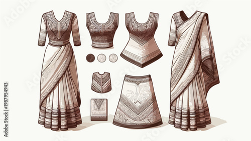 Traditional Indian Saree and Blouse Set with Intricate Ethnic Patterns Vintage Style Vector Illustration
