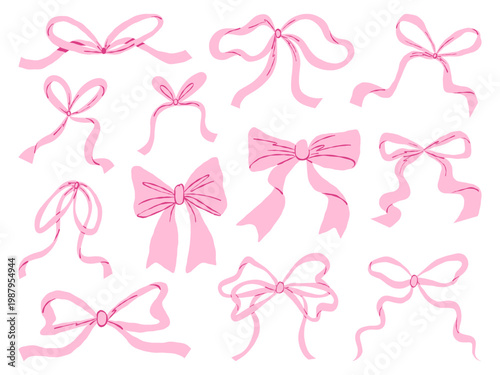 Pink Ribbon Bow Set Cute Feminine Decorative Hand Drawn Vector Collection