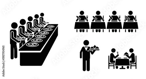 Dining Experience: Illustration depicting a range of restaurant scenes, capturing various stages of dining, from self-service to formal service, and group meals.