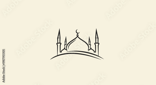 Minimalist Line Art Mosque Illustration with Dome, Minarets, and Crescent Moon. Islamic Worship Building Design Icon.