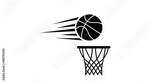 Slam Dunk Silhouette: Dynamic silhouette capturing the decisive moment of a basketball soaring towards the hoop, epitomizing the thrill of sport and the essence of competition.