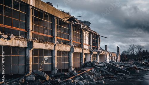 Damaged building with broken windows and debris on the ground.
