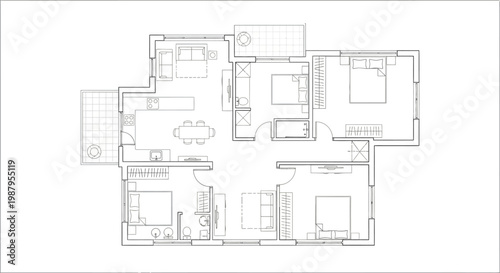 Architectural Blueprint: A detailed top-down view of a modern apartment layout, featuring rooms, furniture placement, and architectural elements, showcasing the design's functionality.