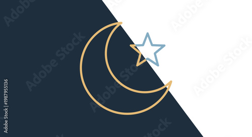 Elegant minimalist crescent moon and star outline symbol on a dark and white divided background, spiritual graphic design concept.