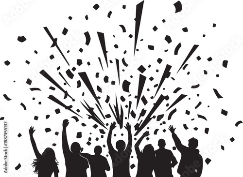 Black silhouette people celebrating, confetti explosion, party popper vector graphics