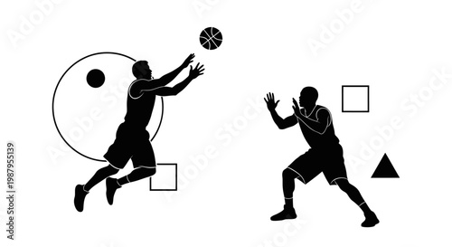 Basketball silhouettes and Geometric Abstraction: Dynamic silhouettes of basketball players in action, a slam-dunk of artistry and athleticism, framed by sleek geometric shapes