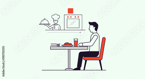 Restaurant Dining Experience: A line art illustration depicts a person seated at a table in a restaurant. A waiter is presenting a meal in the background, offering a glimpse into the culinary journey.