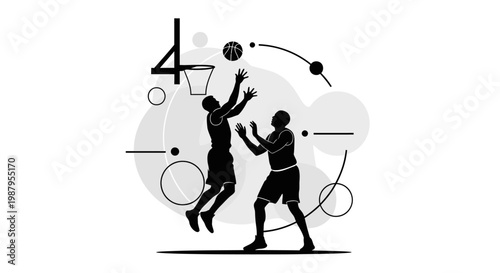 Basketball Silhouette: A dynamic black and white illustration captures the essence of a thrilling basketball match, emphasizing the athleticism and competition of the sport.