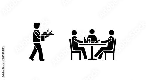 Dining Experience: A waiter approaches a table of diners with a tray of meals, embodying the essence of a dining experience, from the anticipation of flavors to the joy of shared moments.