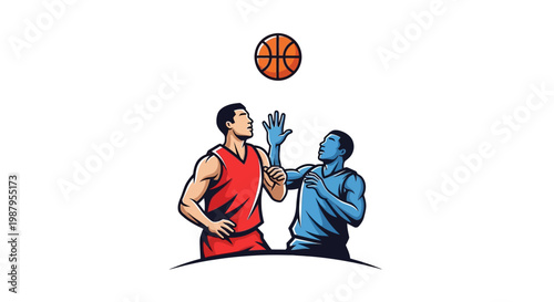 Basketball Showdown: Two athletic individuals face off during a heated basketball match, reaching for the basketball high above. The image encapsulates the thrill of competition and athleticism.