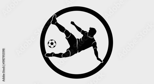 Dynamic Soccer Icon: A silhouette of a soccer player executing a powerful bicycle kick, set within a bold circular frame. Showcasing athleticism, skill, and the dynamic energy of the sport.
