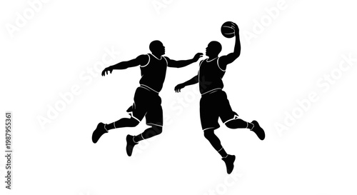 Dynamic Basketball Silhouette: A powerful silhouette captures the essence of basketball with two players locked in a high-flying contest for the ball.