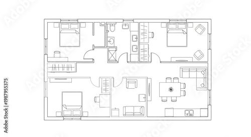 Floor Plan Illustration: A detailed architectural blueprint showcasing the layout of a modern house, with rooms including bedrooms, a living area, and a kitchen.