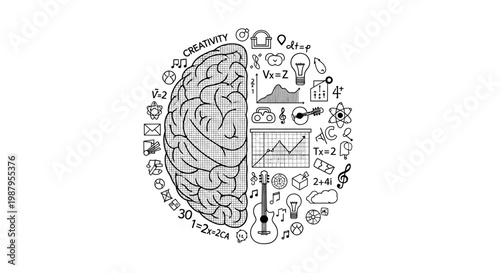 Brain's Balance: An illustration depicting the duality of the brain, split between logic and creativity, with artistic and analytical elements displayed to showcase mental balance.