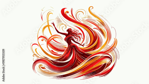 Elegant Abstract Dancing Woman in Flowing Red and Golden Swirls Vector Illustration