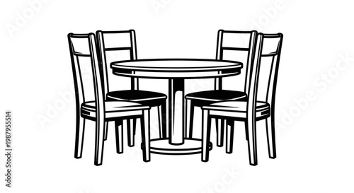 Elegant Dining Set: A sophisticated sketch of a dining table with four surrounding chairs, embodying simplicity and functionality.