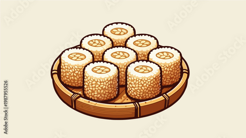 Cartoon Sushi Rolls on Wooden Tray