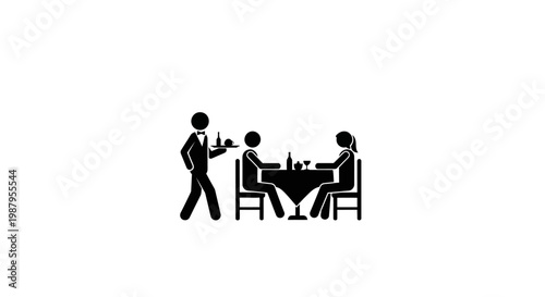 Dinner at Restaurant: A stylized illustration presents a waiter attending to a couple in a restaurant setting.