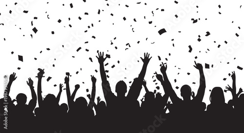 Black silhouette crowd celebrating, confetti falling, party vector illustration, festive crowd scene