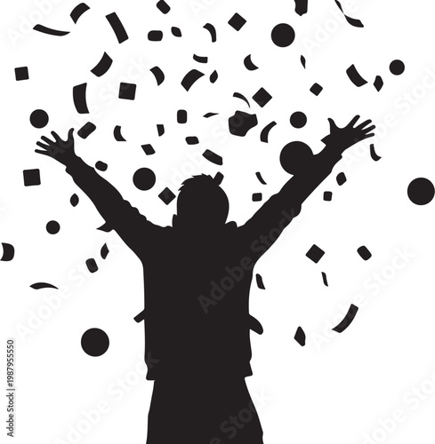 Silhouette of joyful man celebrating, black confetti exploding, party atmosphere, vector illustration