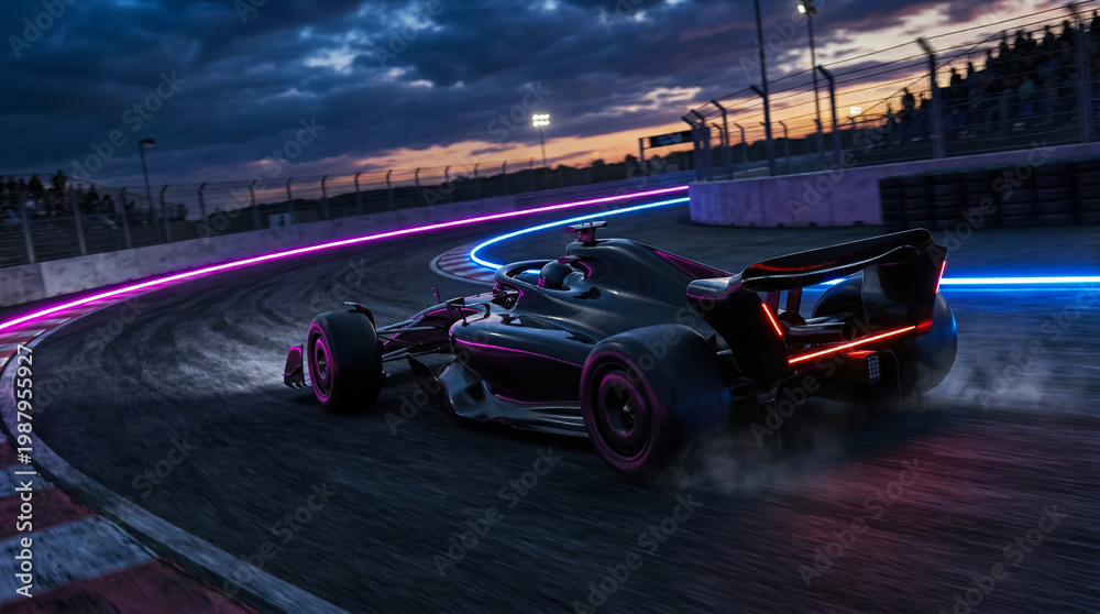 Fototapeta premium A rear view of a black Formula 1 car speeding along a night-time track