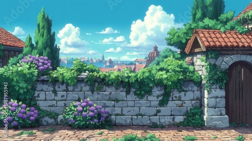 Serene Walled Garden with Lush Purple Flowers Against a Captivating Scenic Backdrop of Nature and Architecture