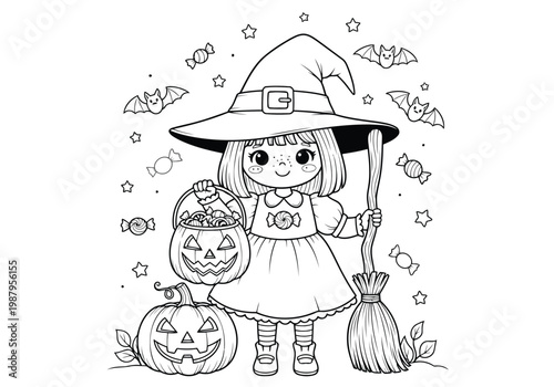 A charming young witch celebrating halloween with jack-o'-lanterns and candy