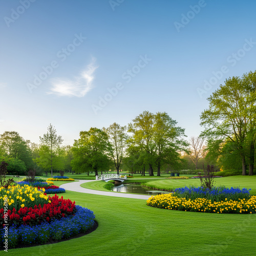 Beautiful park scene with colorful flowers and green grass under a blue sky.