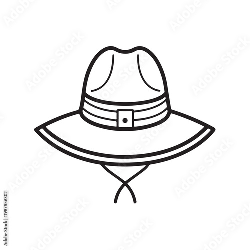 Line drawing of a wide brimmed hat with chin strap and buckle  simple illustration of a hat with a strap and buckle on the band