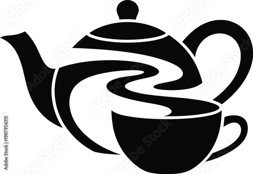 Teapot and cup with swirling steam illustration black and white beverage service beverage illustration restaurant refreshment lifestyle